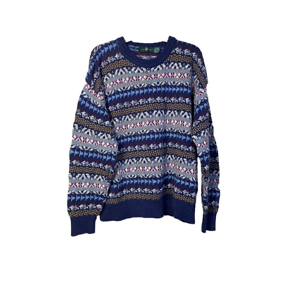 Vintage Hunt Club Grandpa Sweater 100% Cotton Crewneck Size XL Geometric 90s USA